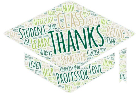 A word cloud of the most-used words in the Fall 2023 Thank-a-Professor submissions.