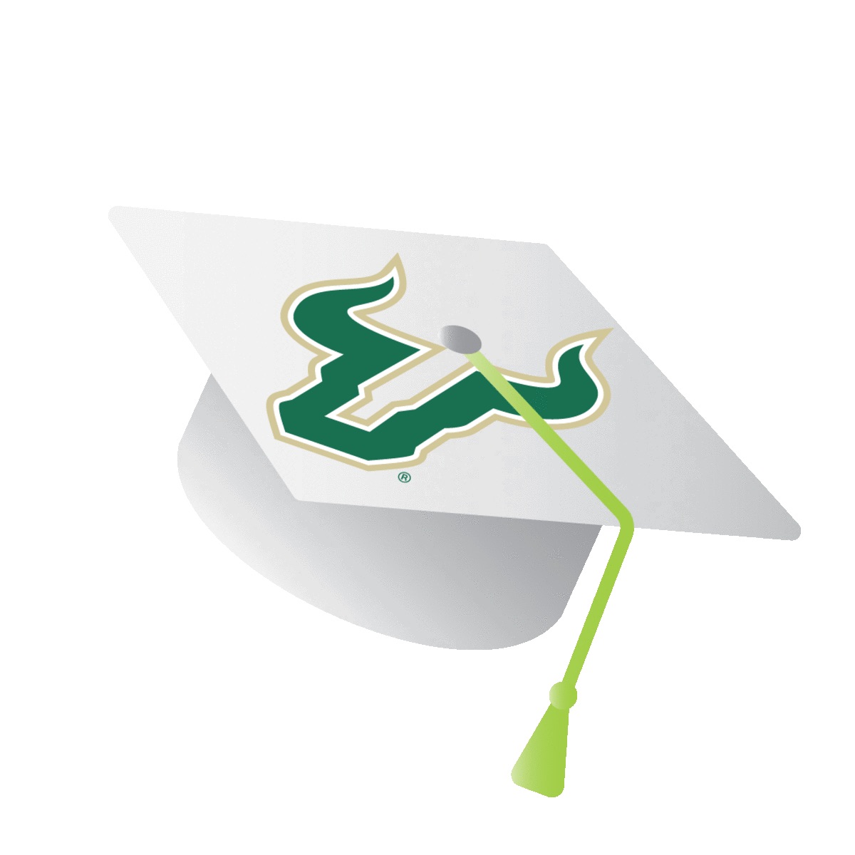 USF white graduation cap with gold tassle