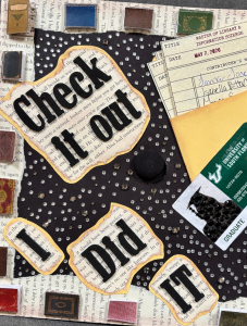 USF grad cap decorated with small library books and spelled out letters that read "Check it out - I did it!" with details about graduating with an MS in Library Science.