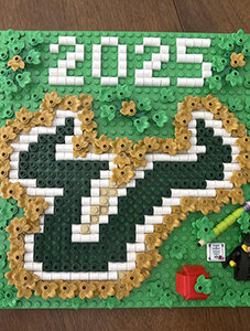 Grad cap with the Bull U logo made out of Legos