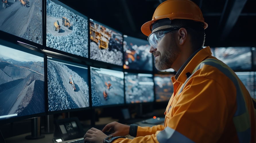 An orange clad worker sitting at several screens