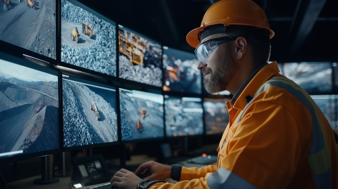 An orange clad worker sitting at several screens
