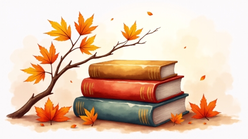 A stack of books by autumn leaves
