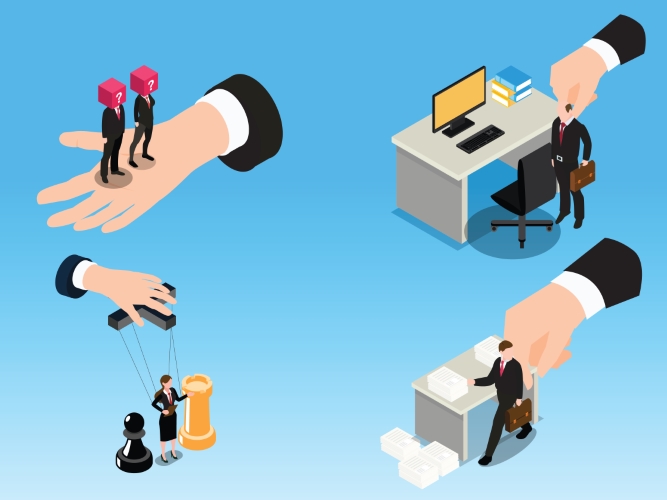 Images of micro people being managed by a hand