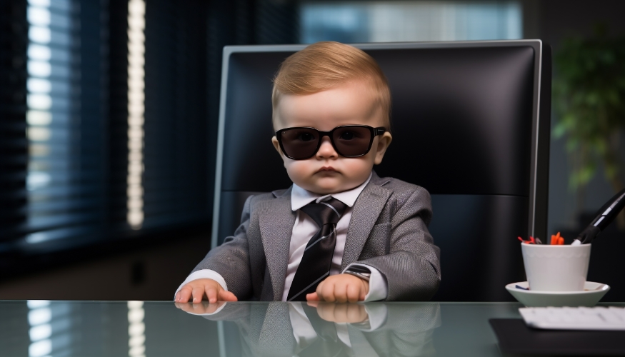 A toddler in a business suit and sunglasses at a desk with coffee