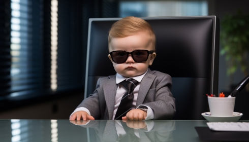A toddler in a business suit and sunglasses at a desk with coffee