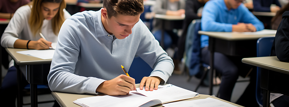 students taking test in classroom