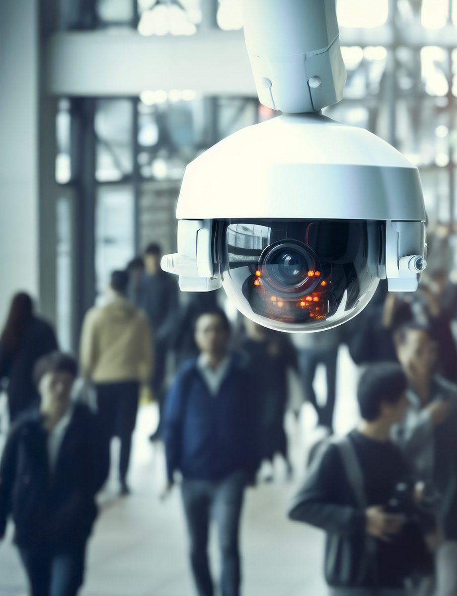 security camera overlooking a busy walkway