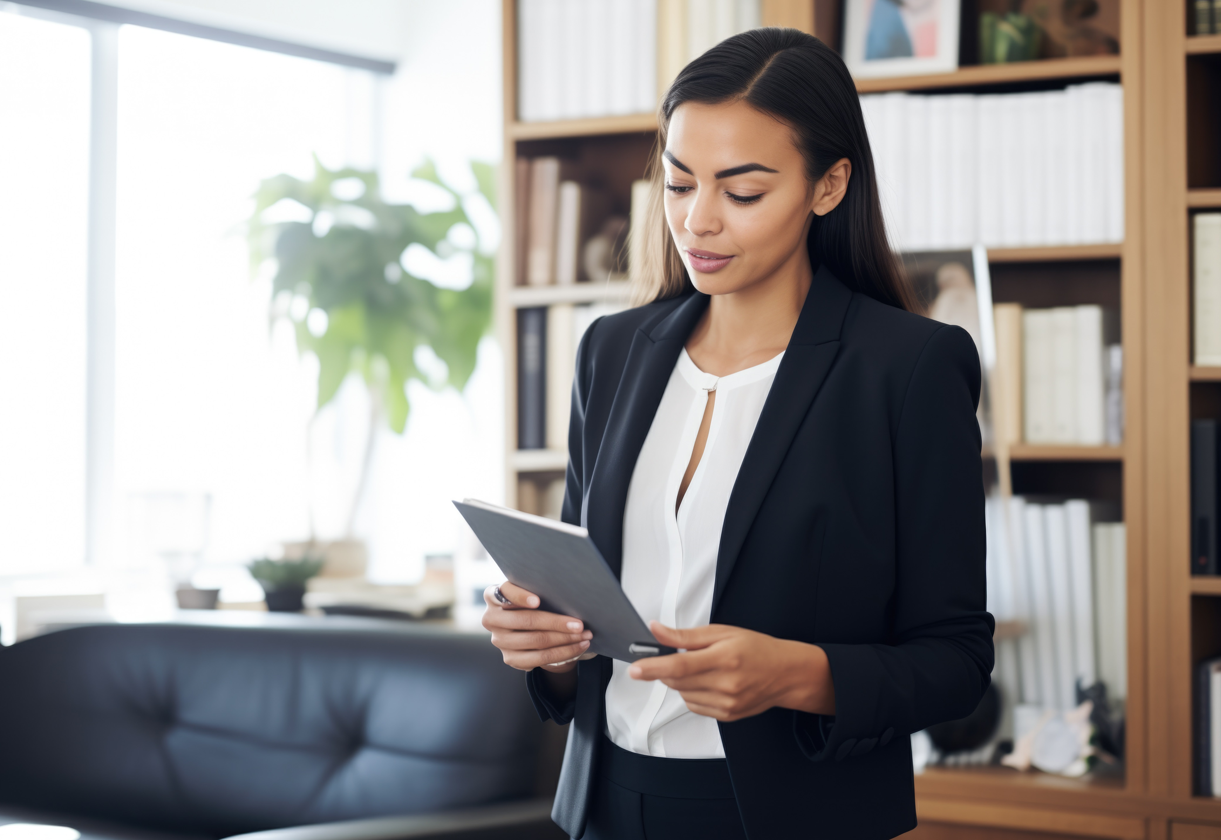 A woman in professional clothing standing in front of a bookshelf holding a notebook
