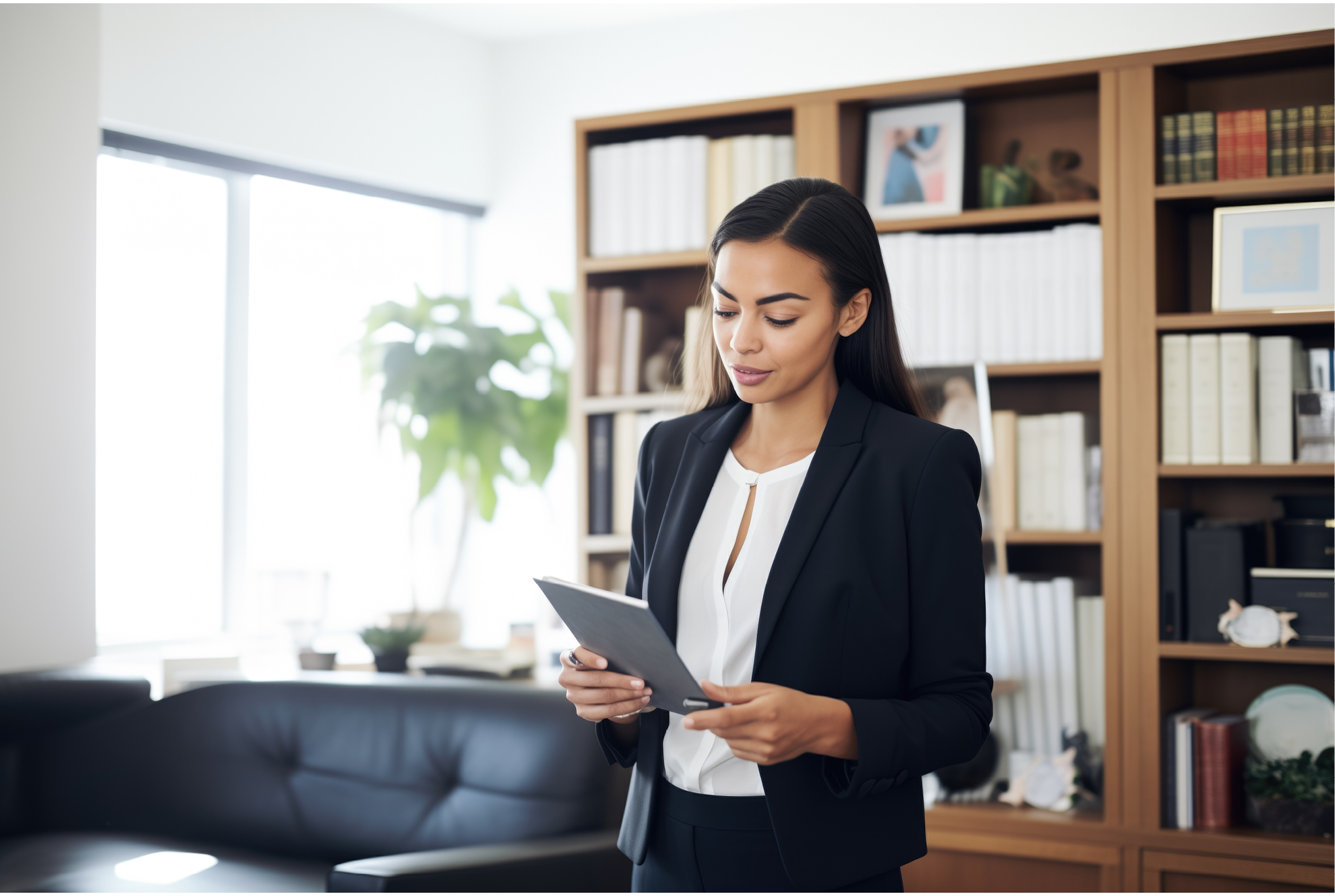 A woman in professional clothing standing in front of a bookshelf holding a notebook