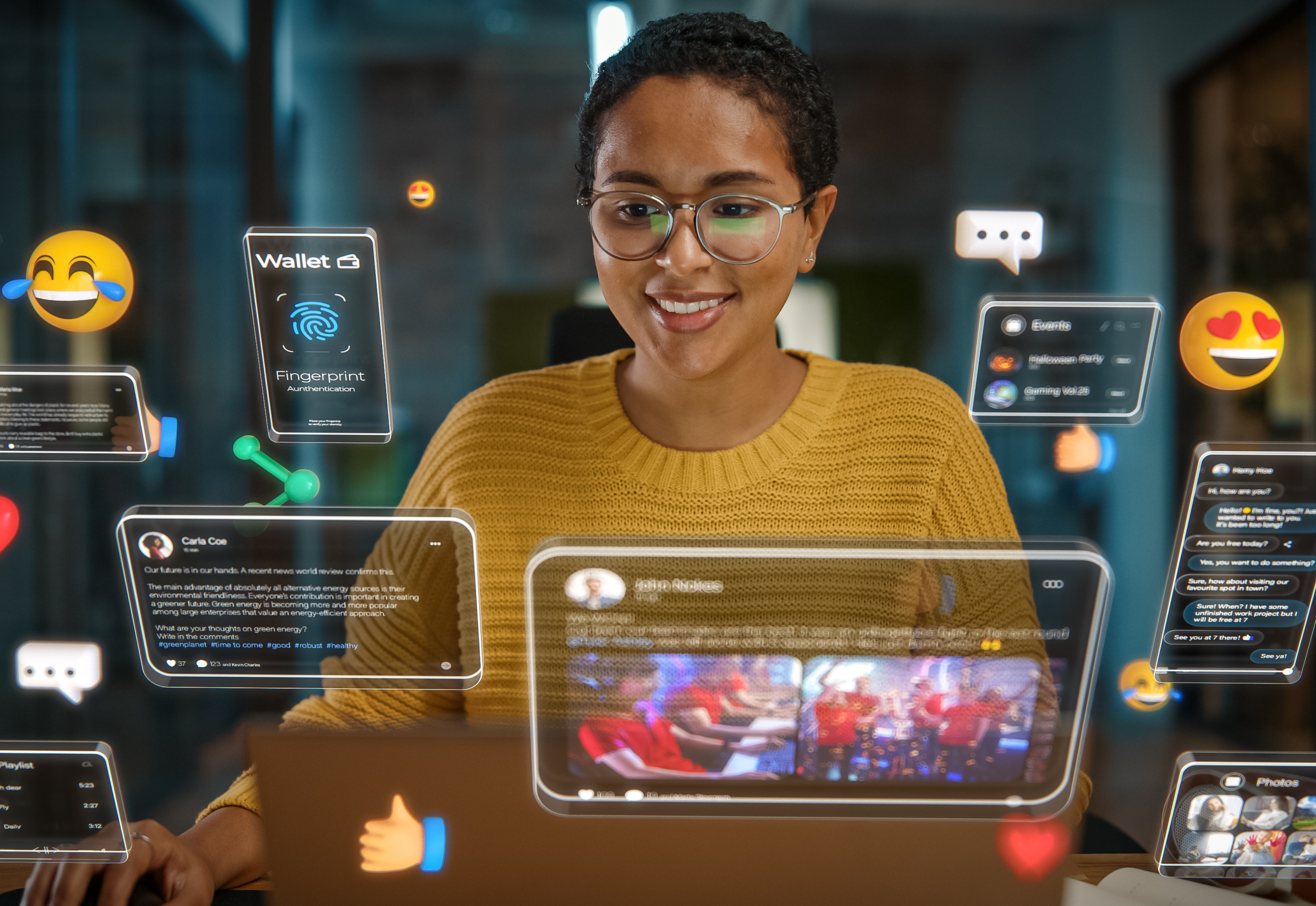 A woman looking at graphics of different social media outlets