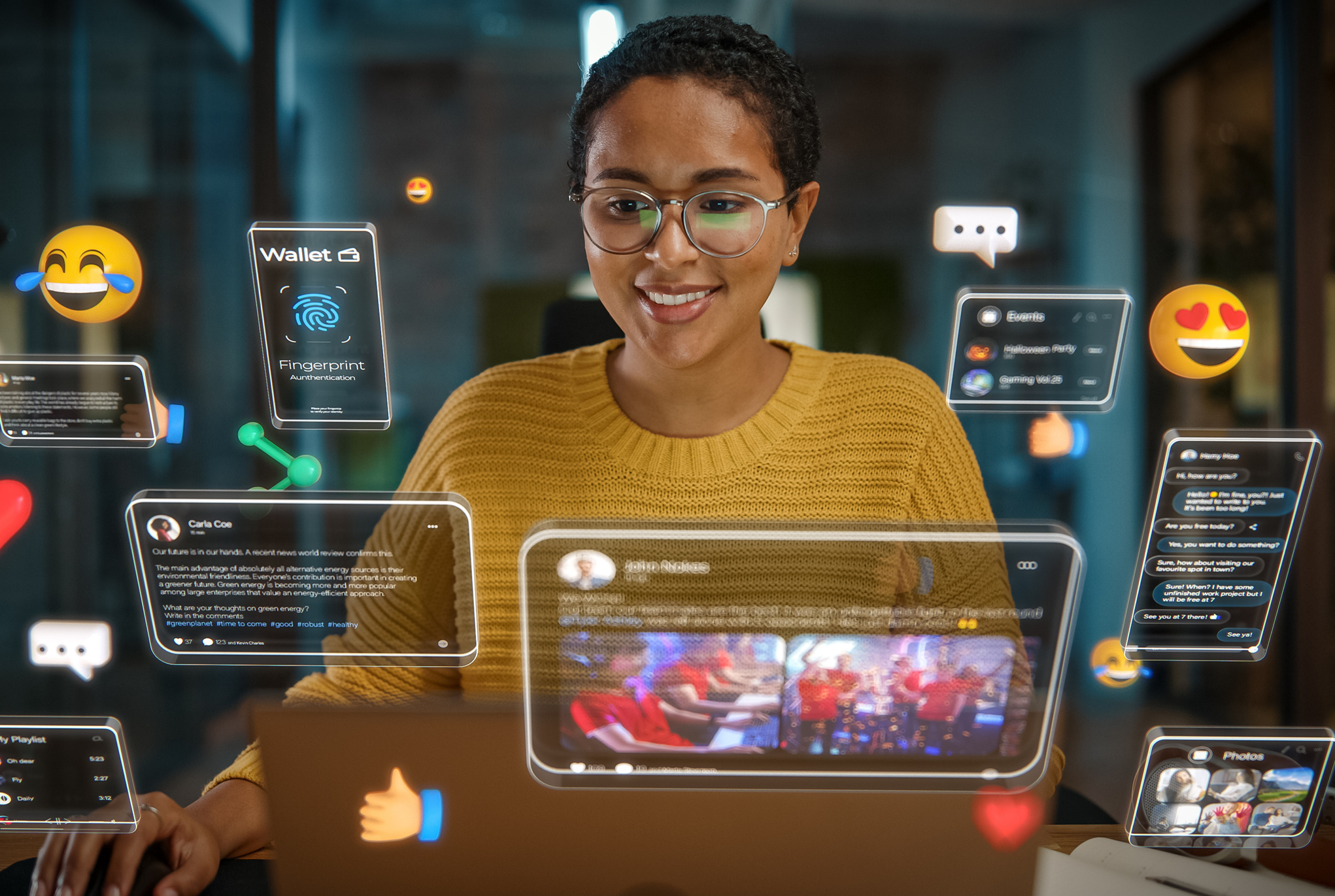 A woman looking at graphics of different social media outlets