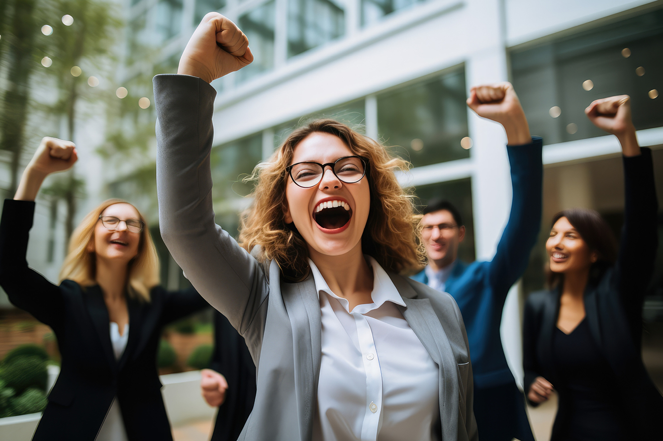 A group of people smiling and raising their hands in the air