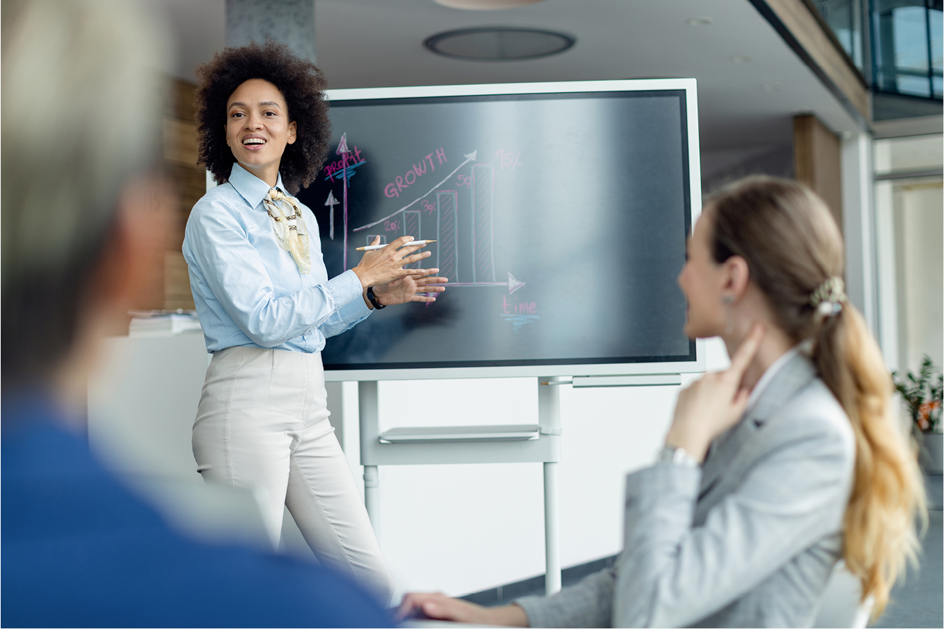 A woman standing in front of a screen with a graph showing profit, growth, and time