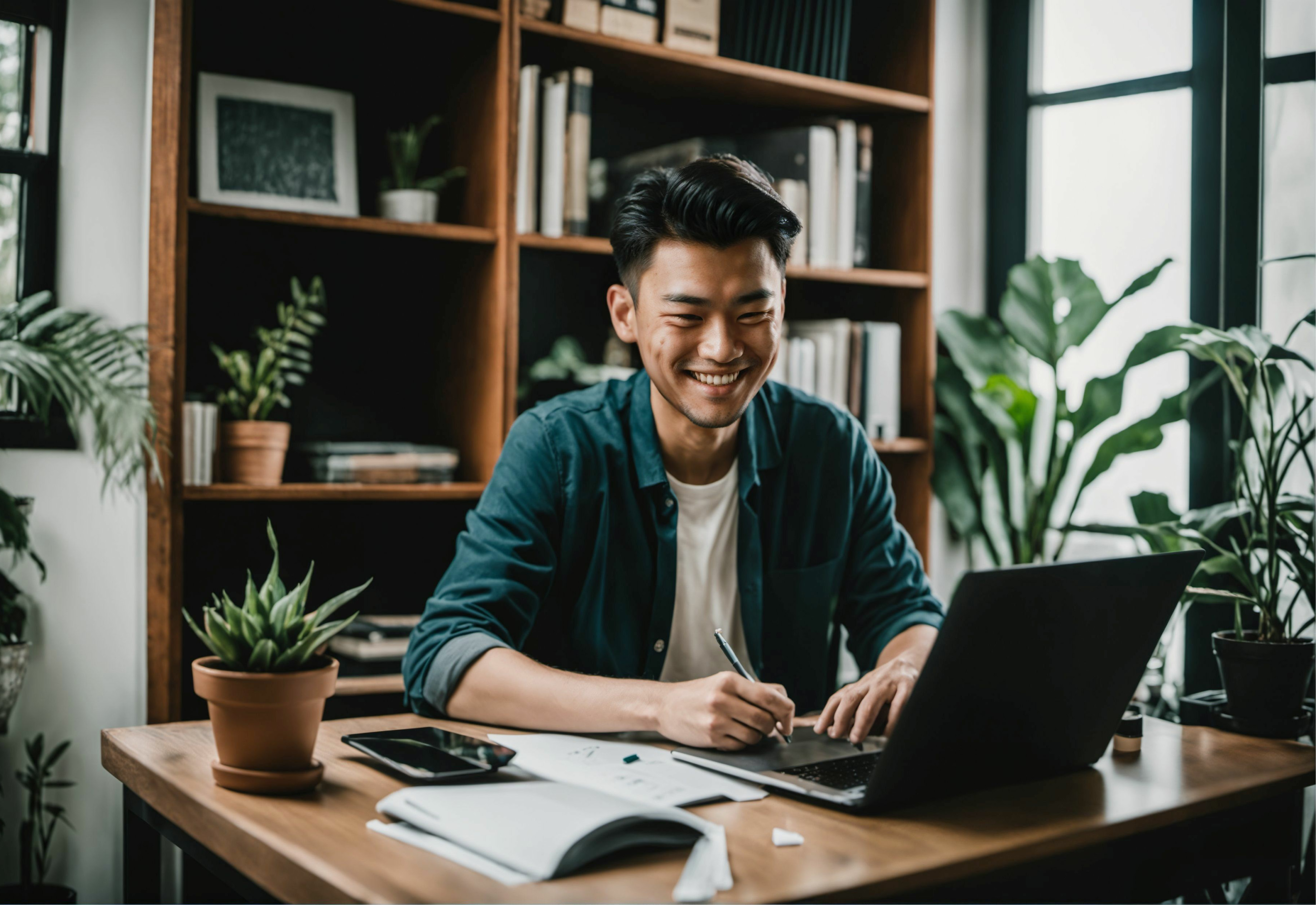 A man sitting at a desk with a laptop and plants surrounding him