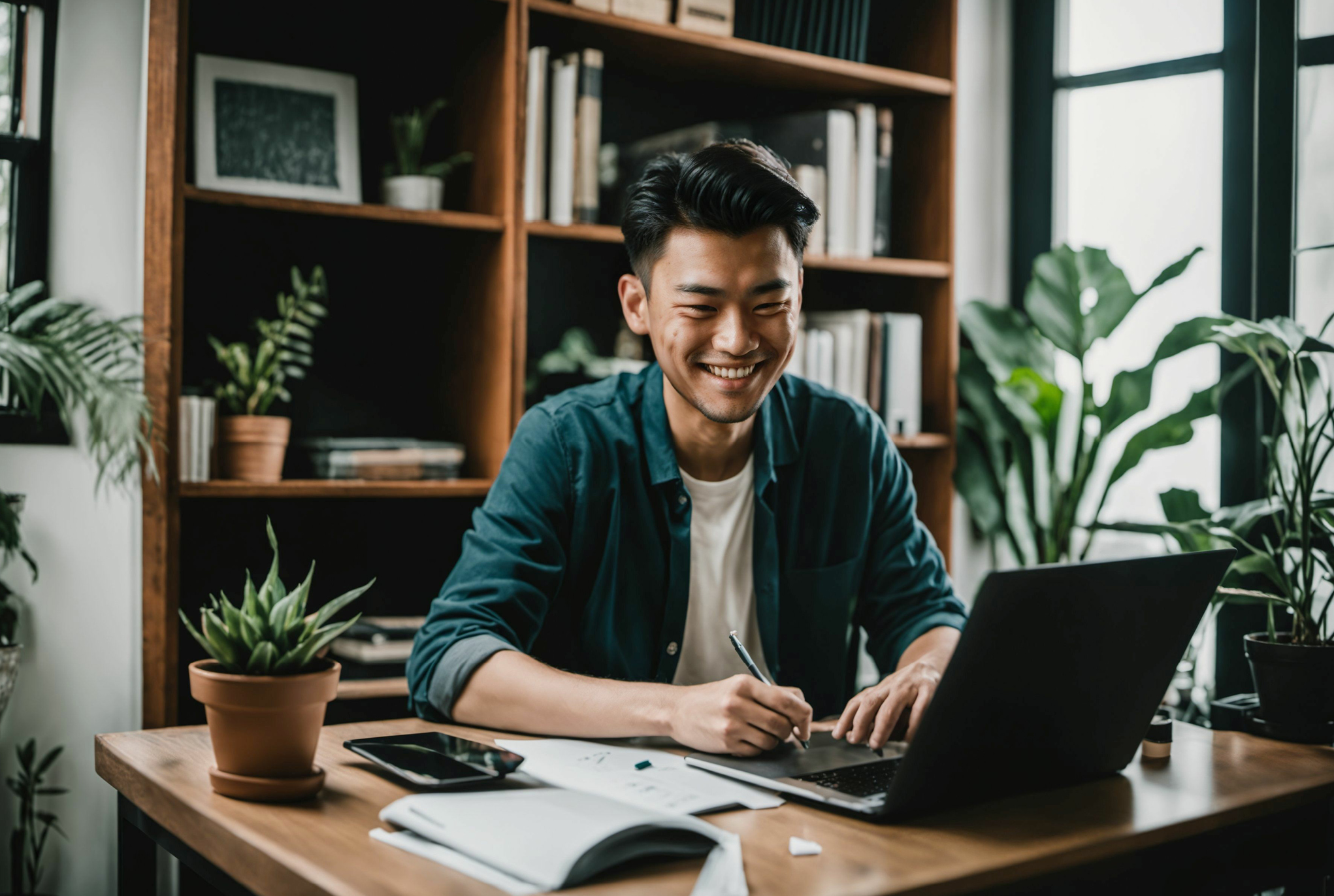 A man sitting at a desk with a laptop and plants surrounding him