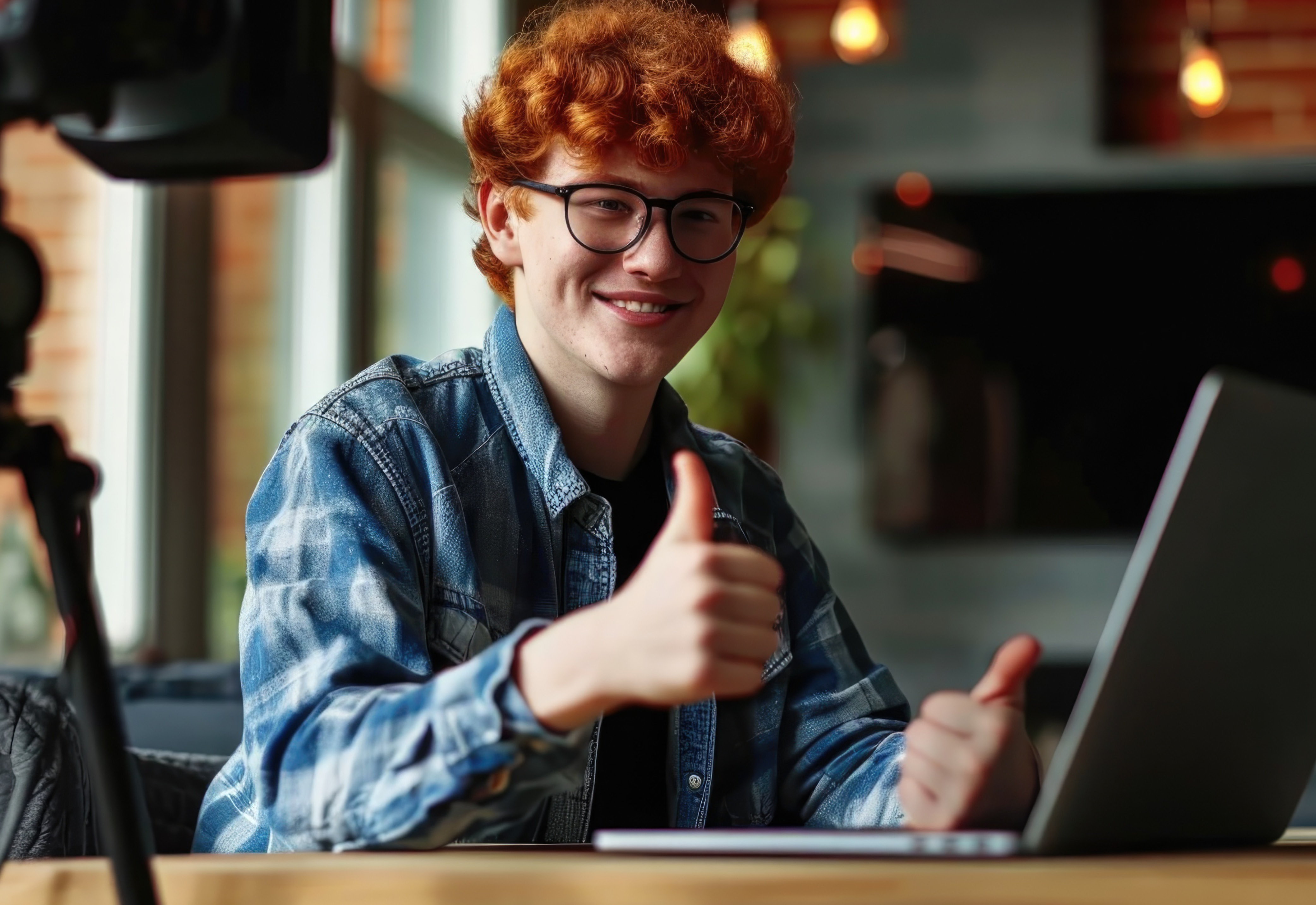 A man sitting at a desk with a laptop giving two thumbs up