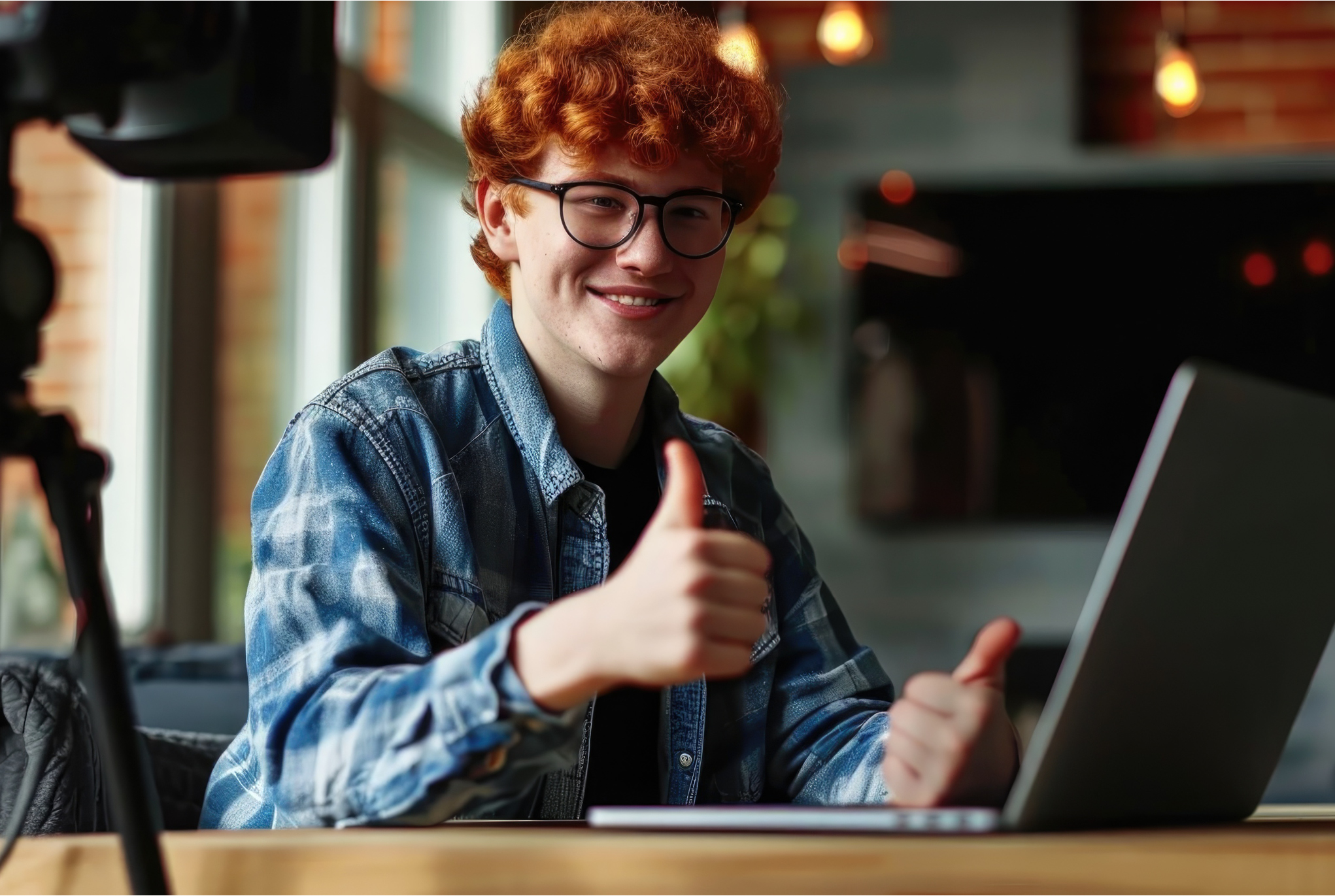 A man sitting at a desk with a laptop giving two thumbs up