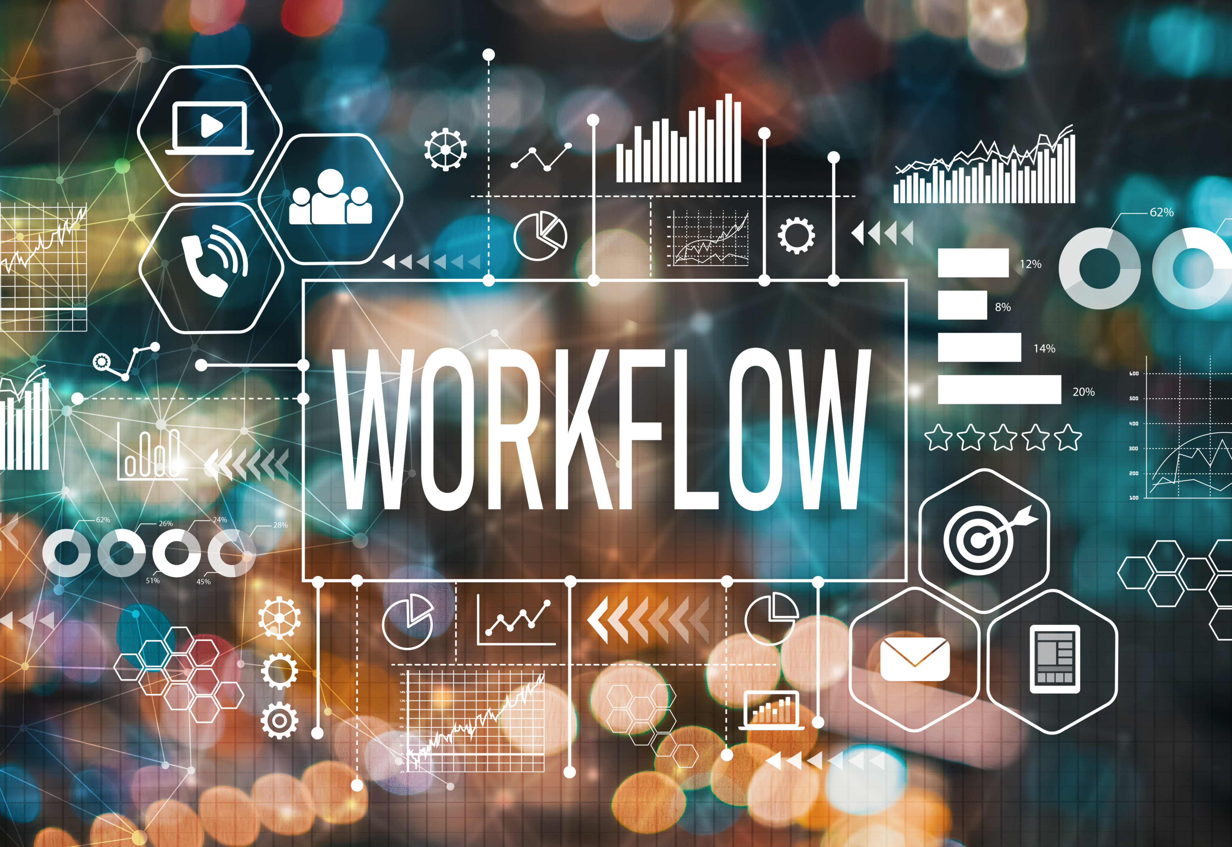 A workflow graphic with business related icons and graphs