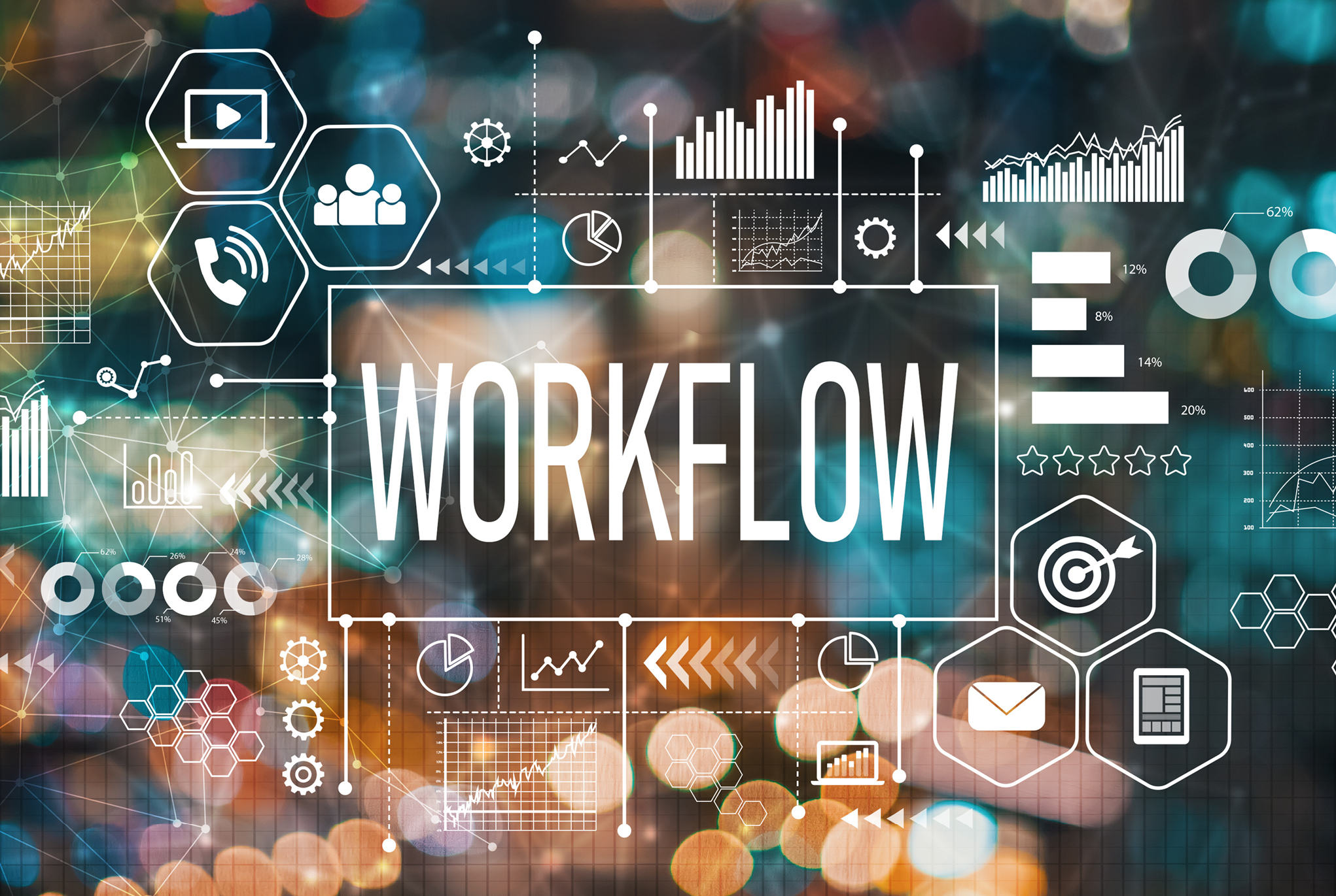 A workflow graphic with business related icons and graphs