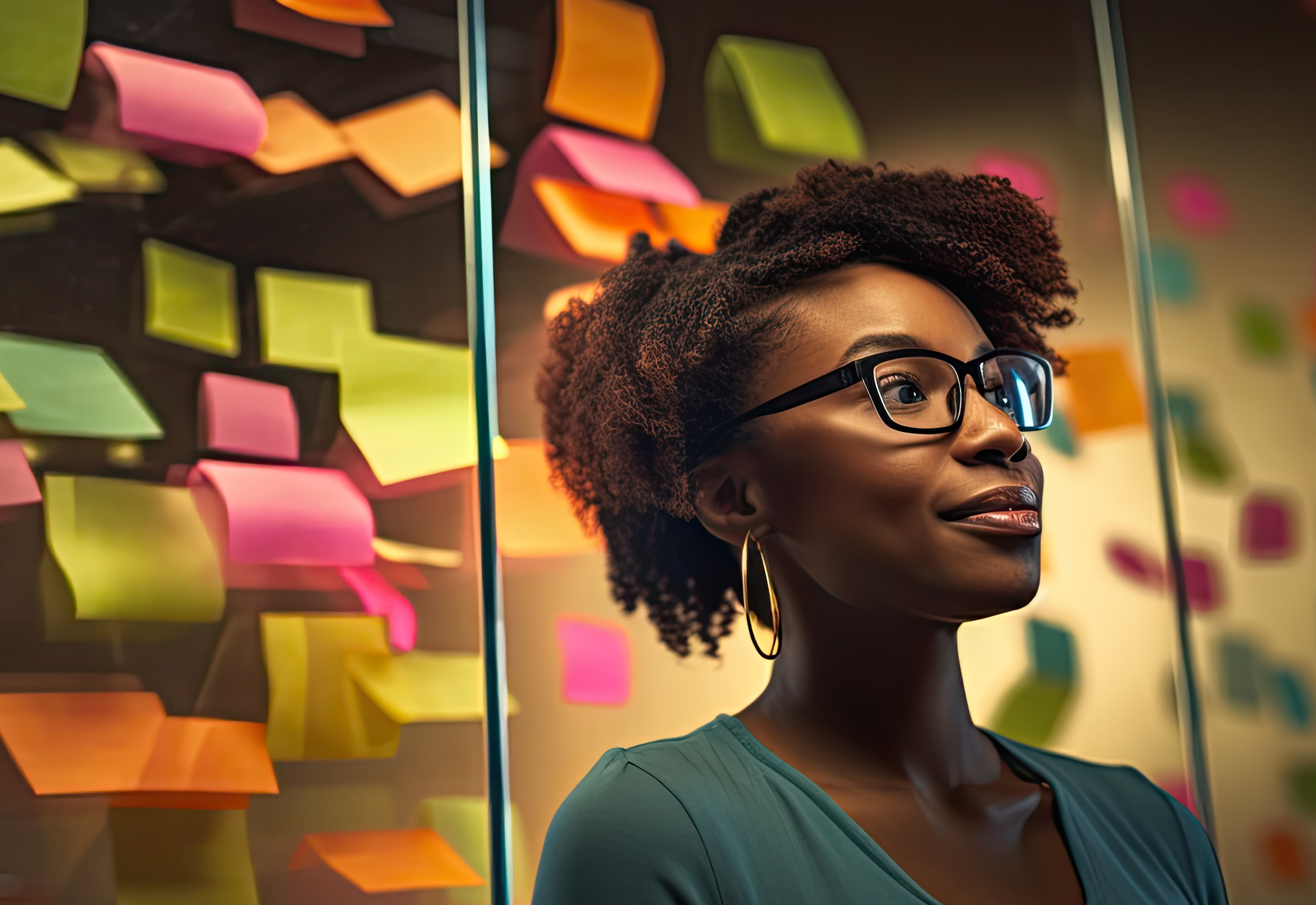 A woman wearing glasses standing in front of a wall with sticky notes