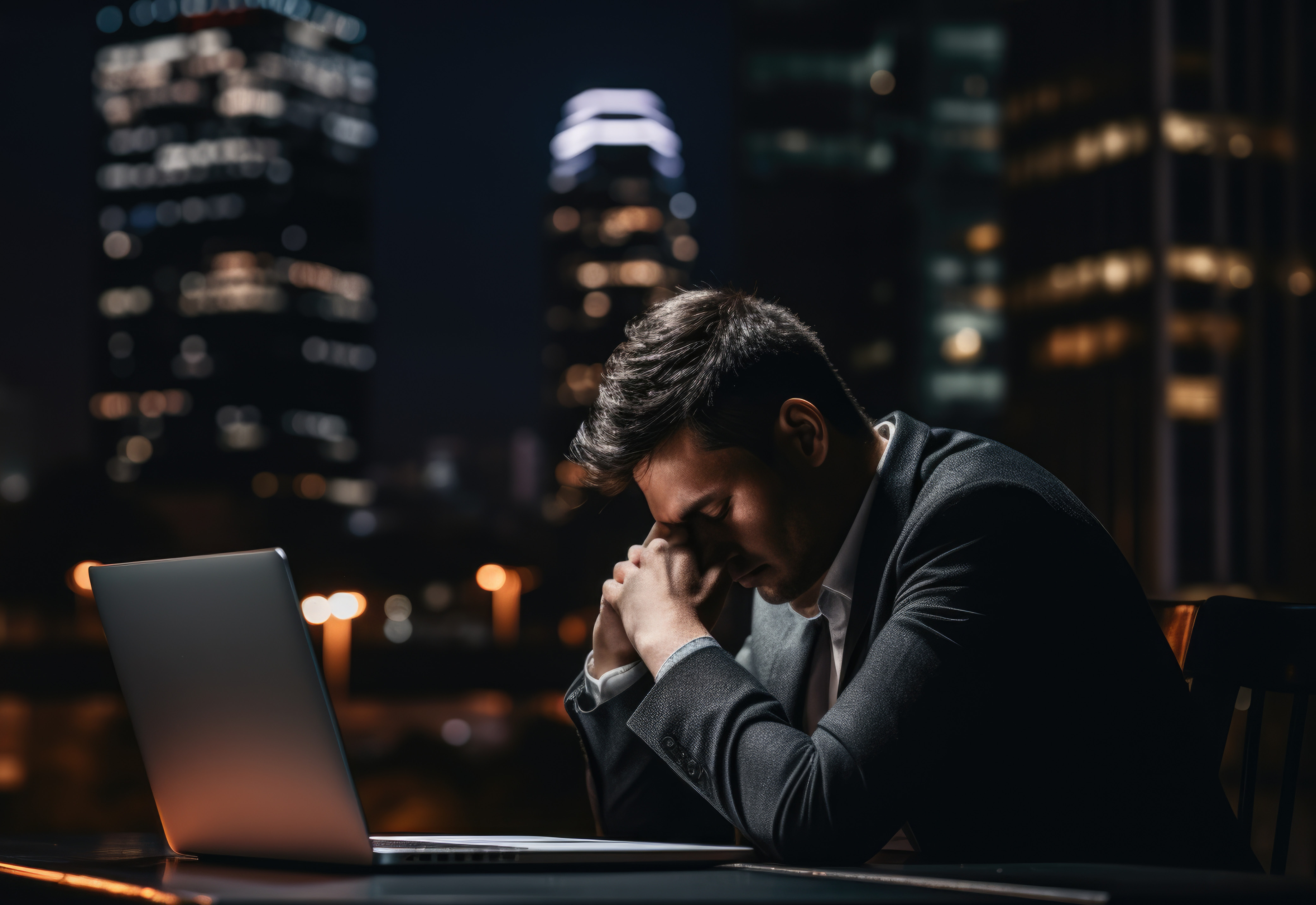 A man sitting at his desk with his head down