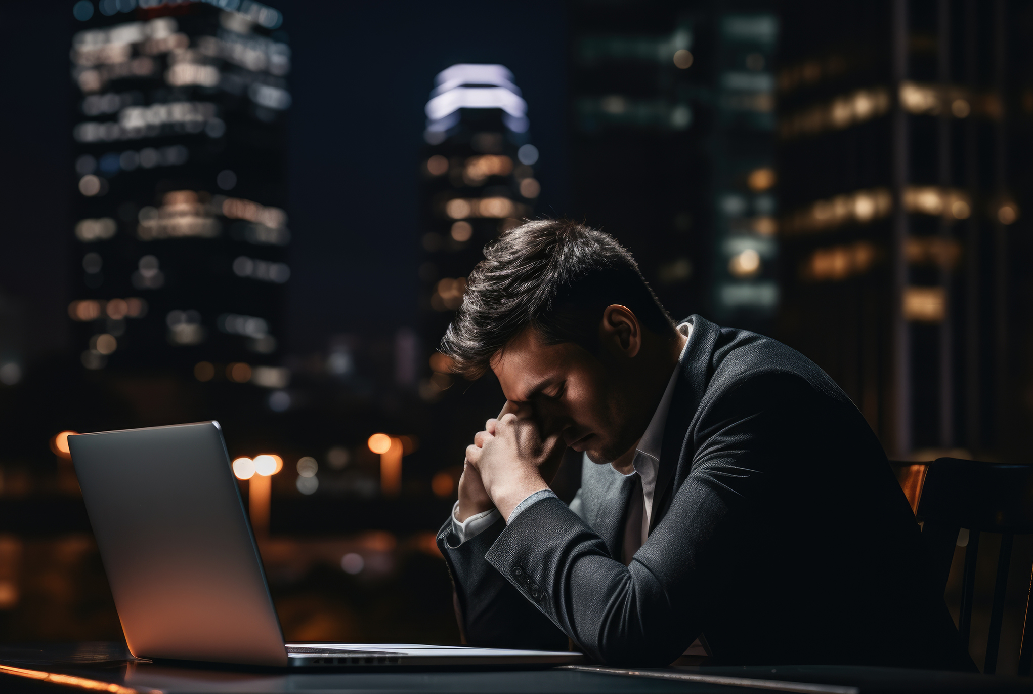 A man sitting at his desk with his head down