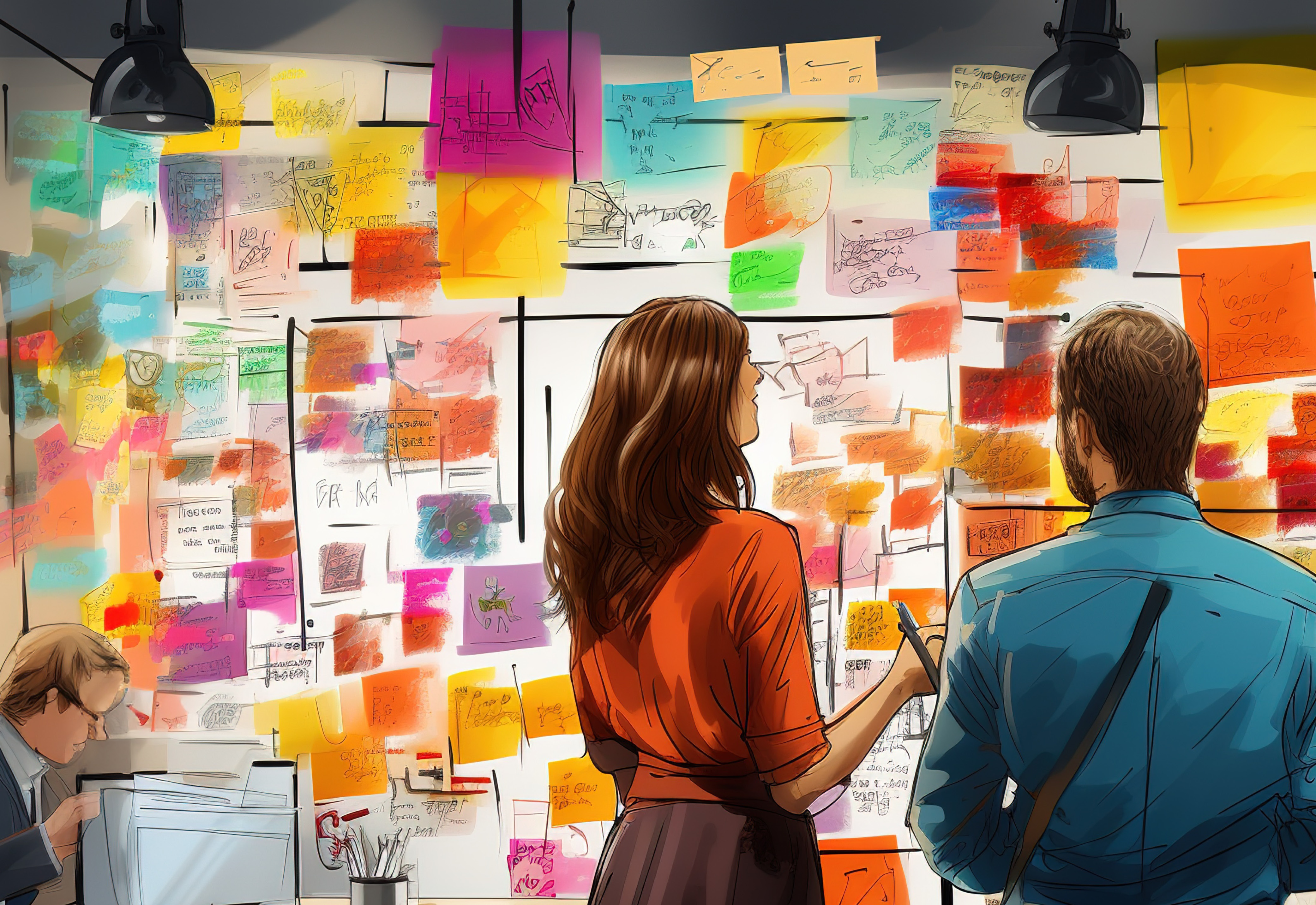 A group of people standing in front of a wall filled with pieces of paper and sticky notes