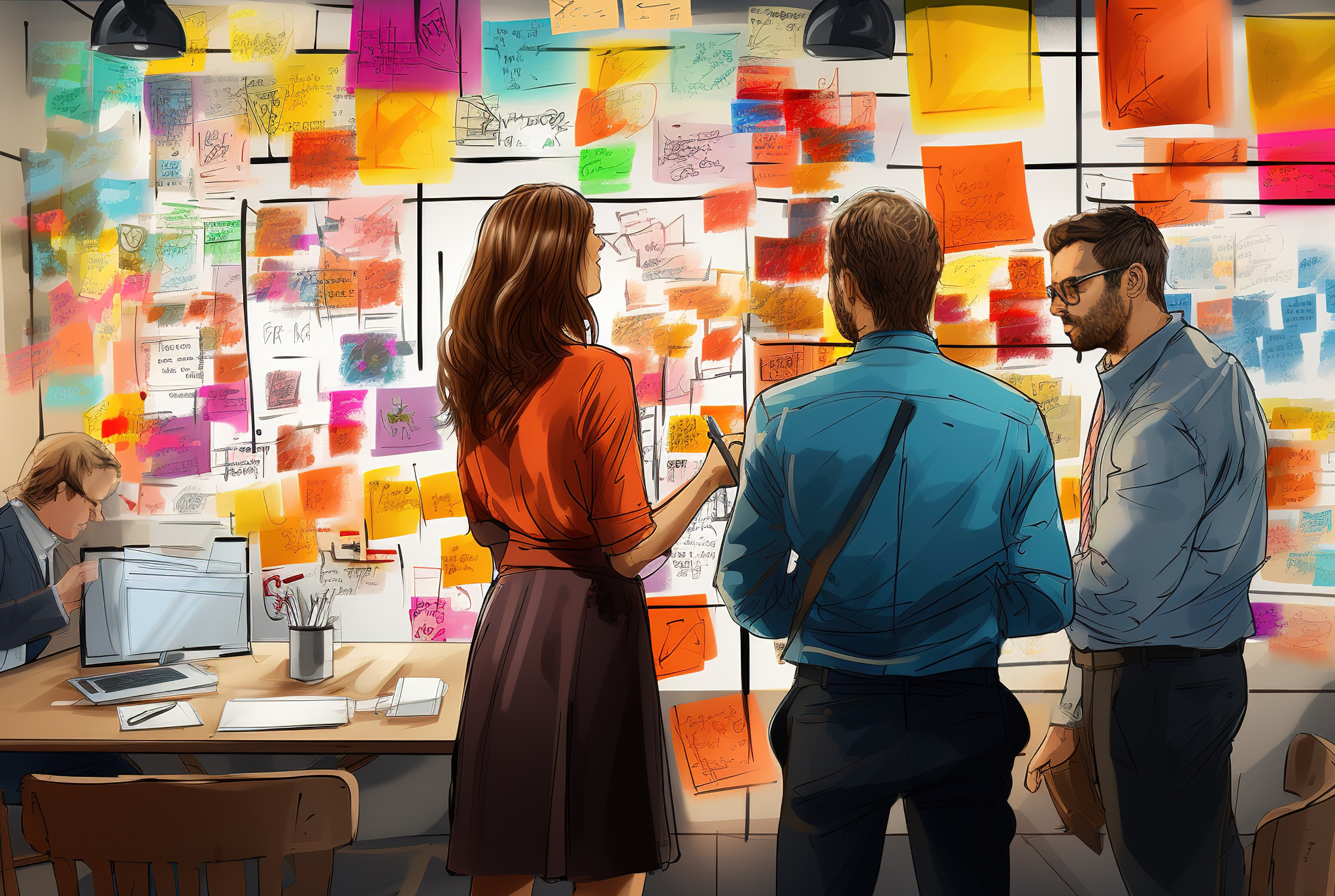 A group of people standing in front of a wall filled with pieces of paper and sticky notes