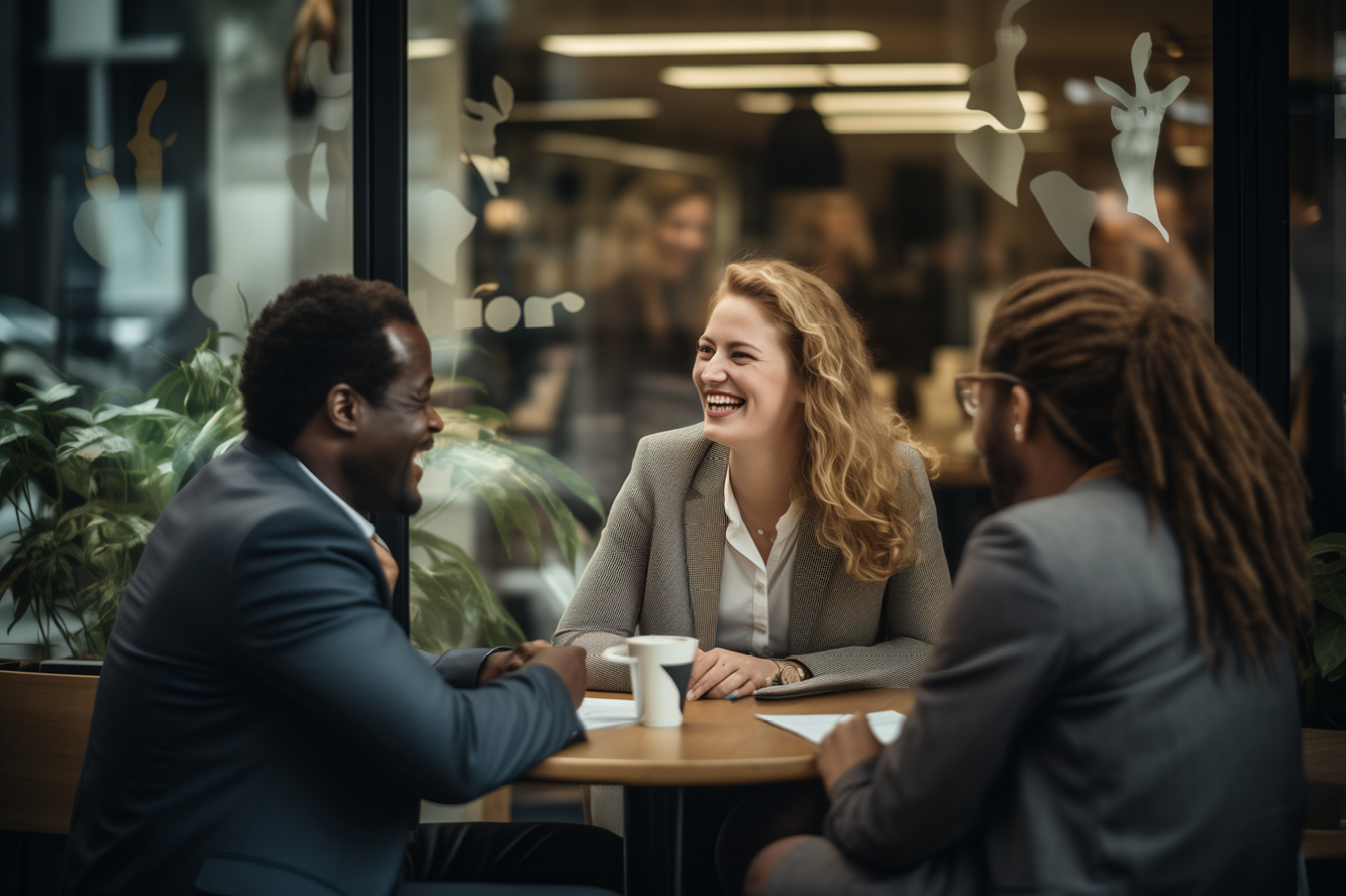 Employees sitting at a table together and talking to each other. 