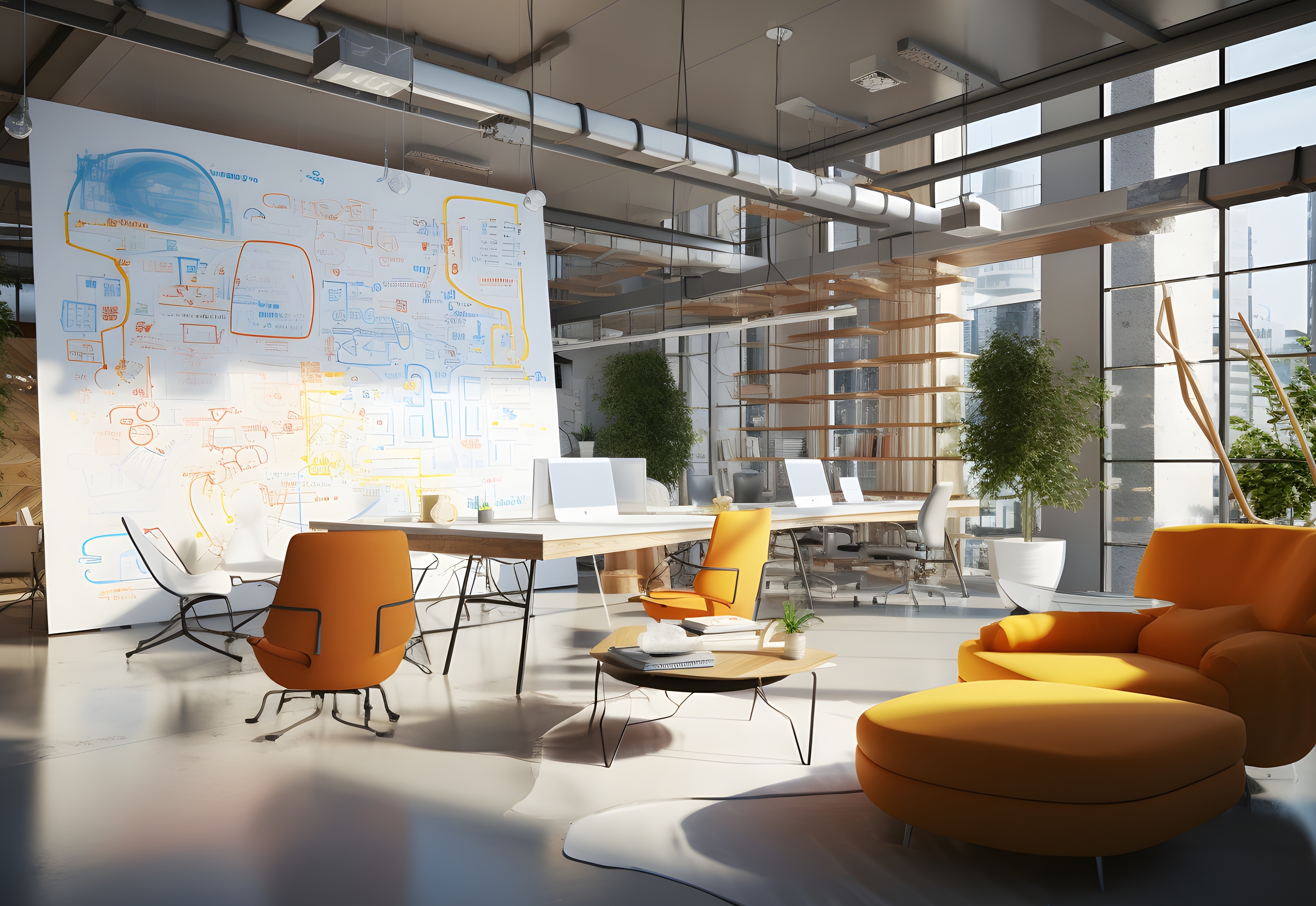 A bright office space with desks, chairs, and floor to ceiling windows