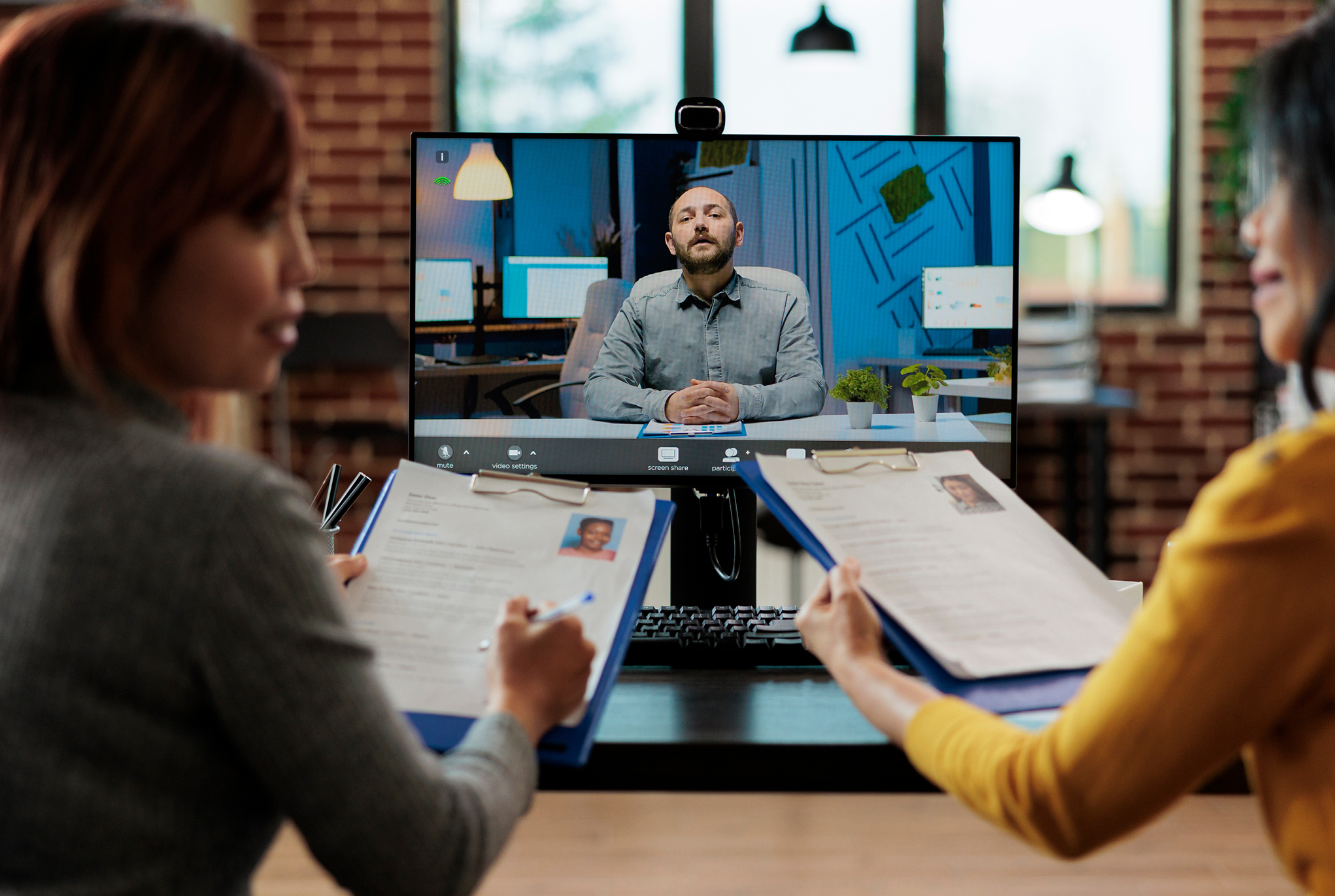 Three people having a virtual meeting with each other.