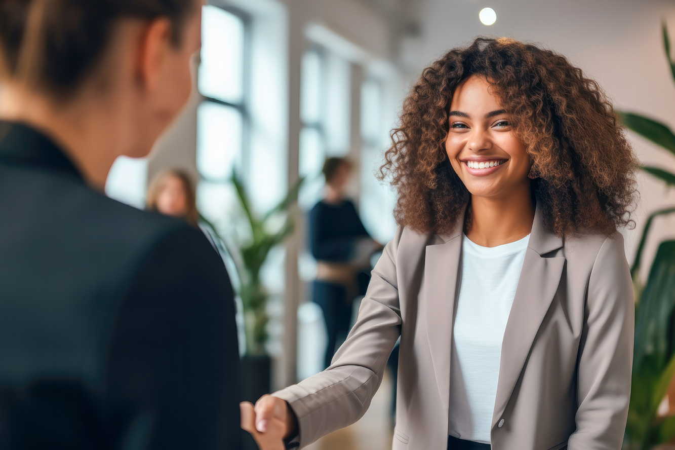Two employees shaking hands in the workplace
