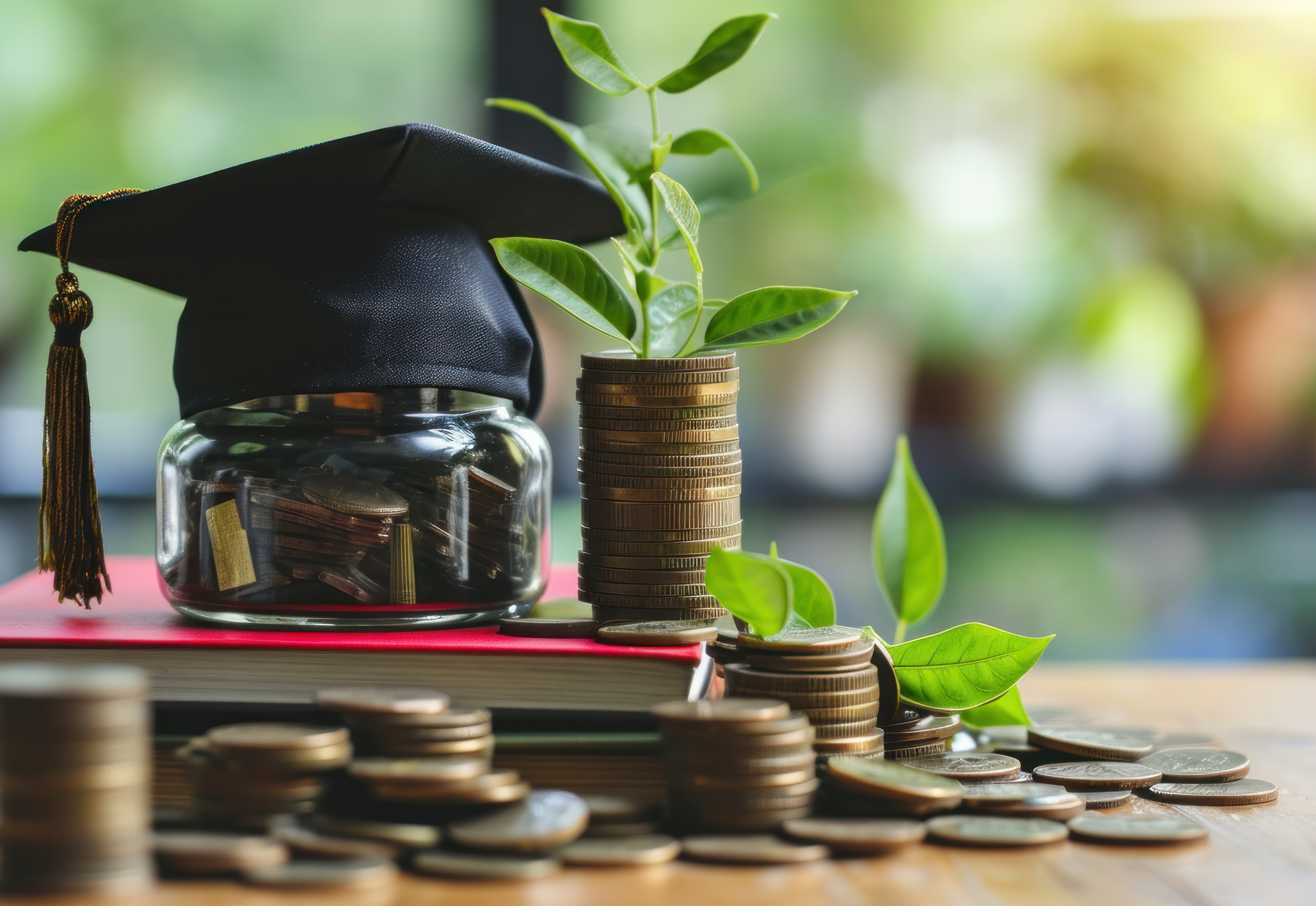 A graduation cap sitting on a table with stacks of coins surrounding it