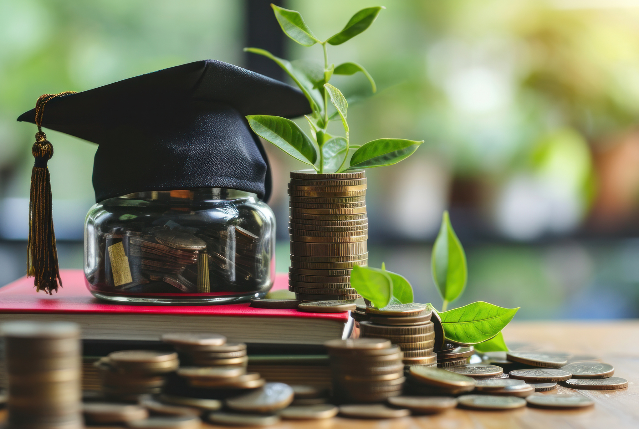 A graduation cap sitting on a table with stacks of coins surrounding it