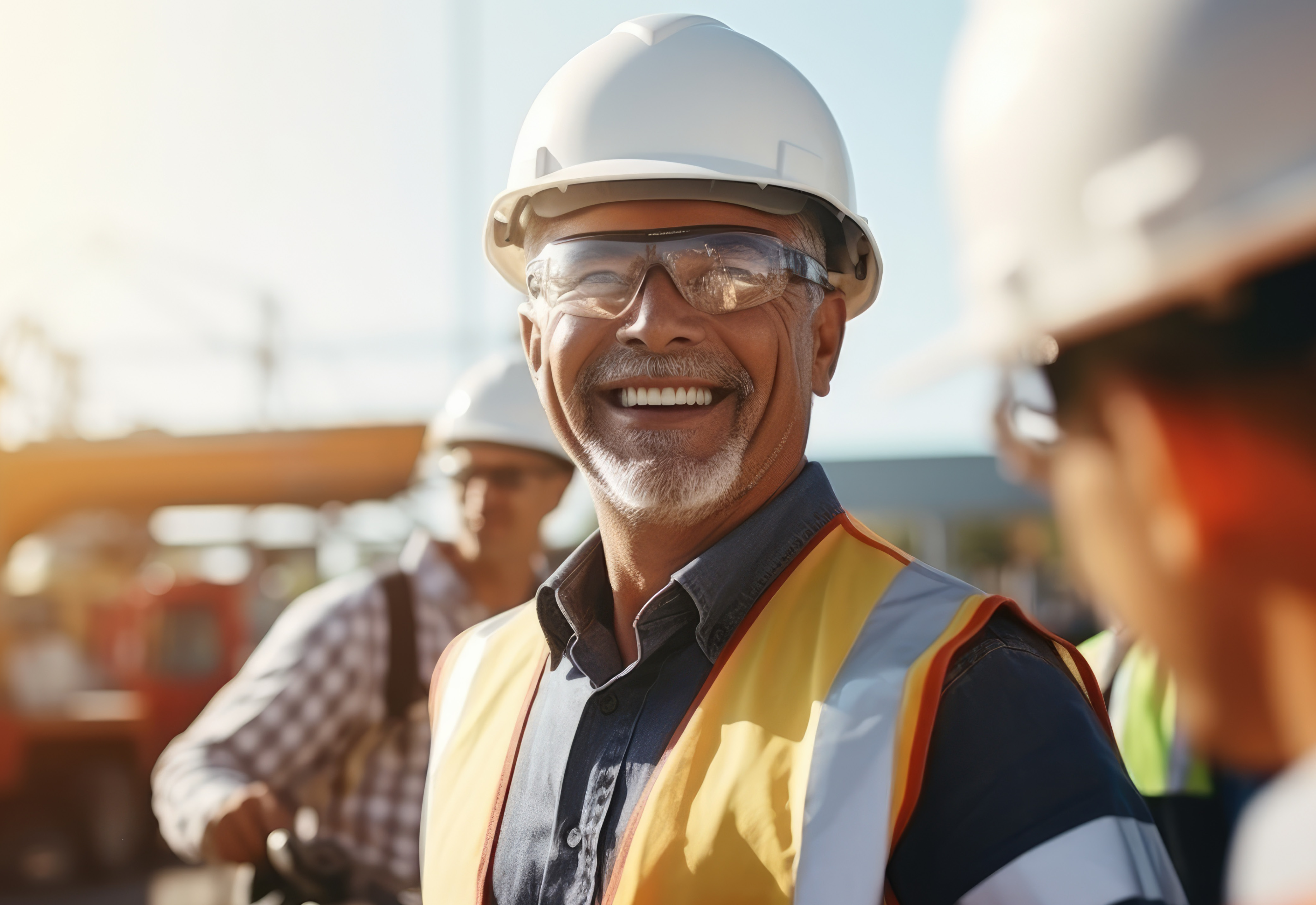 A group of men wearing hard hats and protective glasses
