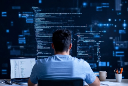 A man sitting in front of a massive holographic technical interface