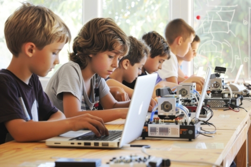 Kids at a robot summer camp in front of laptops