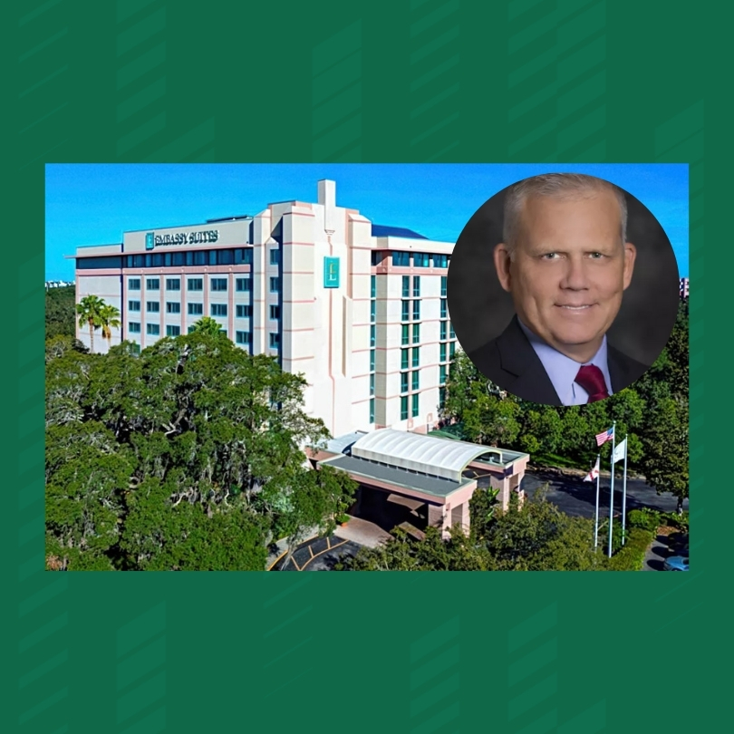 The Embassy Suites with a headshot of Eric Wangsness superimposed