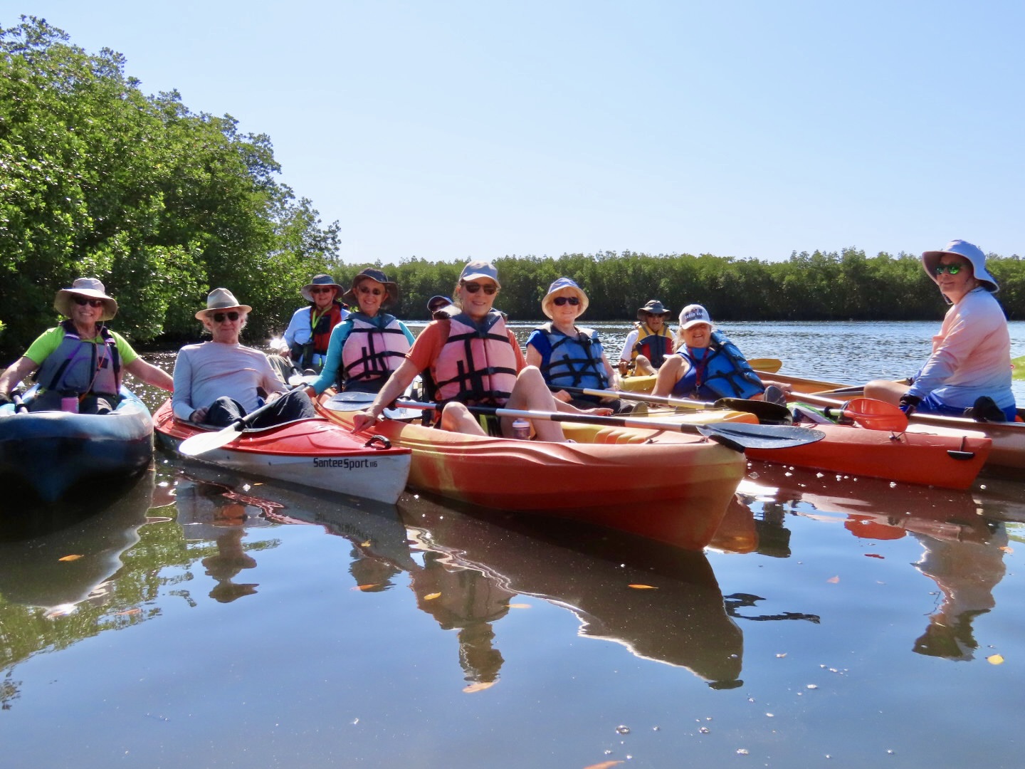 An OLLI Group paddling in kayaks