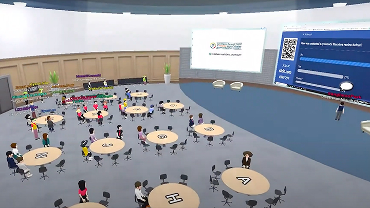 Wide shot of avatars sitting at tables in metaverse