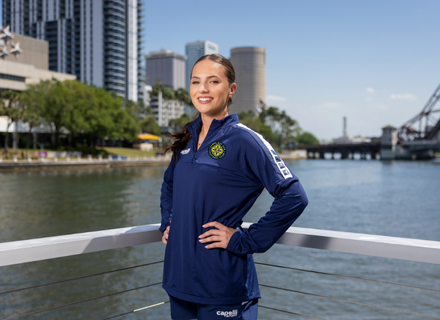 Vivianne Bessette, a Tampa Bay Sun FC defender, shown in downtown Tampa (Mike Carlson / Tampa Bay Sun FC).