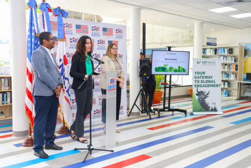 Manuel Colomé, Dinorah Martinez-Tyson, and Molly Hamm-Rodriguez (left to right) presenting at the launch event.