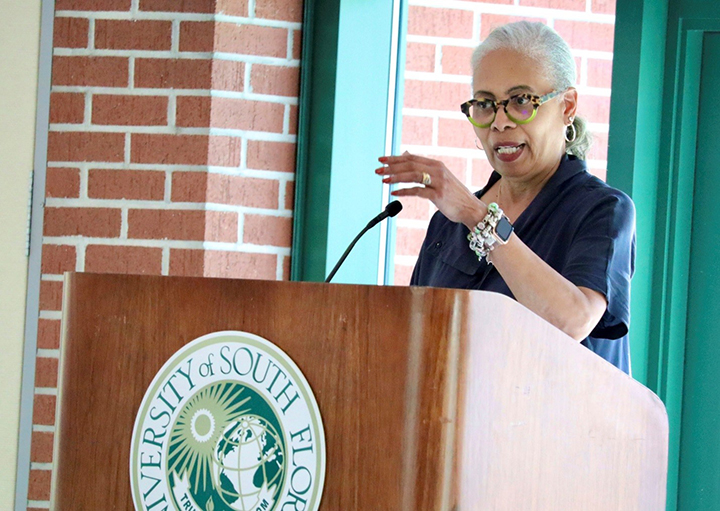 Gloria Ladson Billings gives a lecture presentation at USF