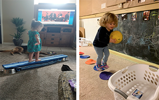 Preschoolers playing in an at-home obstacle course