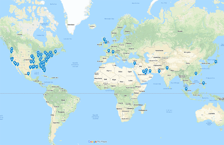 World map that shows where participants in the online course are from