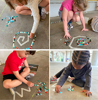 Children create designs using masking tape and tiles