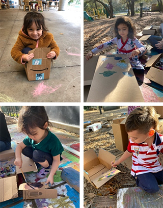 Preschoolers using recycled materials to create art