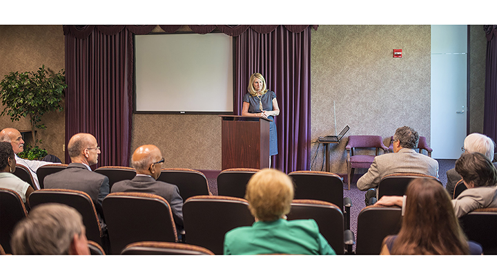 Pam Stewart Florida's Commissioner of Education speaking to the Stavros Center Advisory Board