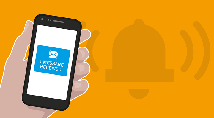 graphic with cellphone in persons hand, phone has a notification that says 1 message recieved